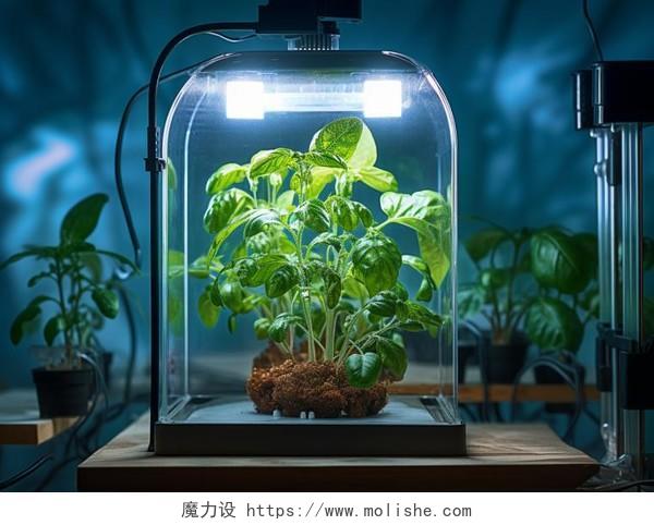 农业科技微型实验室中农业植物农作物种植机在玻璃罩中观察培育生长情况场景图